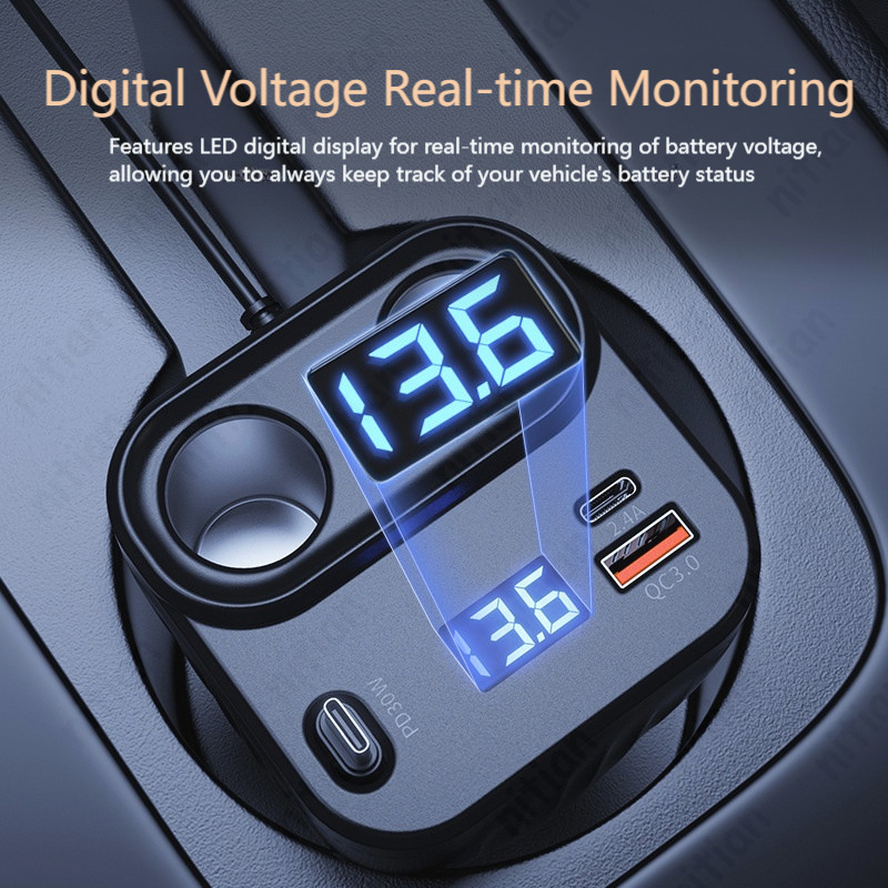 6 in 1 Multi Port Car Charger 12 V/24 V QC3.0 + PD60W Fast Charging ชาร์จโทรศัพท์ขยายสาย 2 ซ็อกเก็ตอัจฉริยะ LED แรงดันไฟฟ้าจอแสดงผลอะแดปเตอร์พลังงานสูง - รูปที่ 5