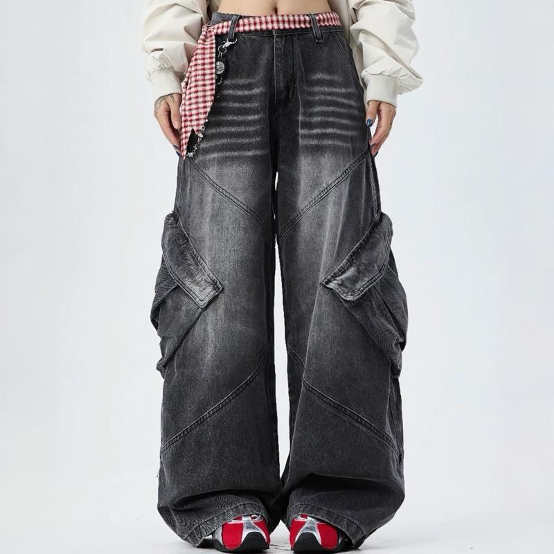 jinjeans #5699 (XS-6XL) กางเกงยีนส์คาร์โก้ ทรงช่างสีดำฟอก Barrel Baggy Jeans พร้อมส่งจากไทย