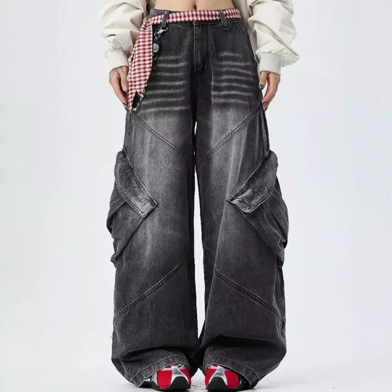 jinjeans #5699 (XS-6XL) กางเกงยีนส์คาร์โก้ ทรงช่างสีดำฟอก Barrel Baggy Jeans พร้อมส่งจากไทย