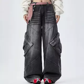 jinjeans #5699 (XS-6XL) กางเกงยีนส์คาร์โก้ ทรงช่างสีดำฟอก Barrel Baggy Jeans พร้อมส่งจากไทย