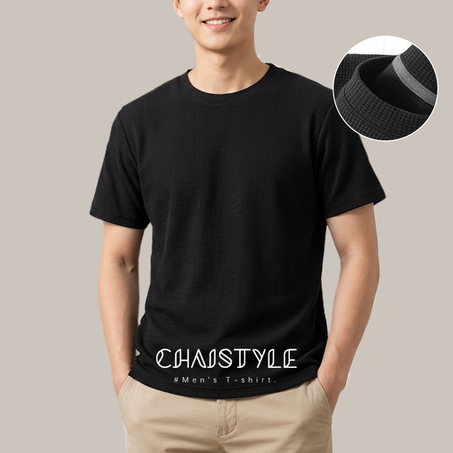 Chaistyle แฟชั่นผู้ชาย ท็อปส์ซูผู้ชาย เสื้อยืดแขนสั้น คอกลม สไตล์เกาหลี ผ้าวาฟเฟิลด์ หลายขนาด หลายสี