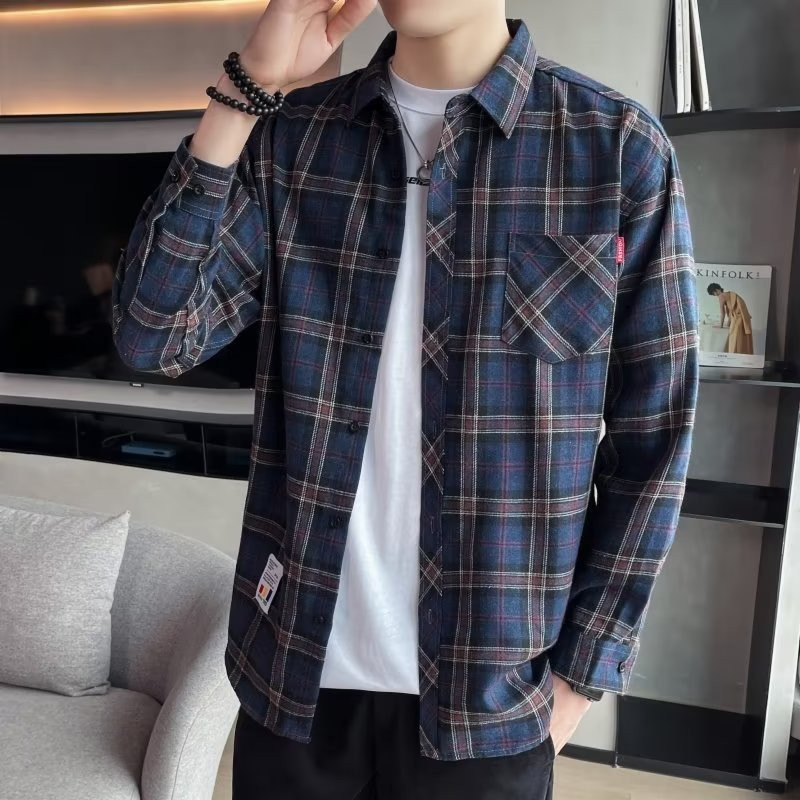 เสื้อเชิ้ตผู้ชายลายสก็อต สำหรับฤดูใบไม้ร่วง แขนยาว สวมใส่สบายและมีปุ่มด้านหน้า