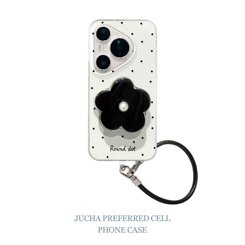 วงเล็บดอกไม้สีดํา Polka Dot Samsung S21 S22 S23 S24 S25 S26 FE Ultra เคสโทรศัพท์ S25FE สร้อยข้อมือป้องกันกรณี A56 A55 กรณี