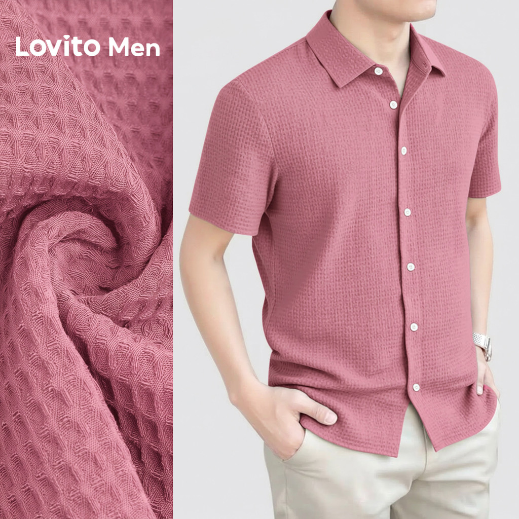 Lovito Men  เสื้อเชิ้ตลําลองชาย พับจีบสีบล็อก เขียวเข้ม ฤดูใบไม้ผลิ/ฤดูร้อน L181ED015