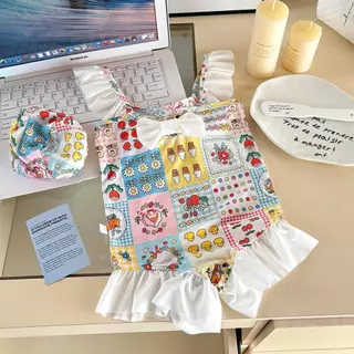 Dolemi Baby ชุดว่ายน้ำเด็ก หมวกคลุมหัว วันพีซ สำหรับเด็กหญิง ลายน่ารัก มีโบว์ หน้า-หลัง ผ้าไนลอน