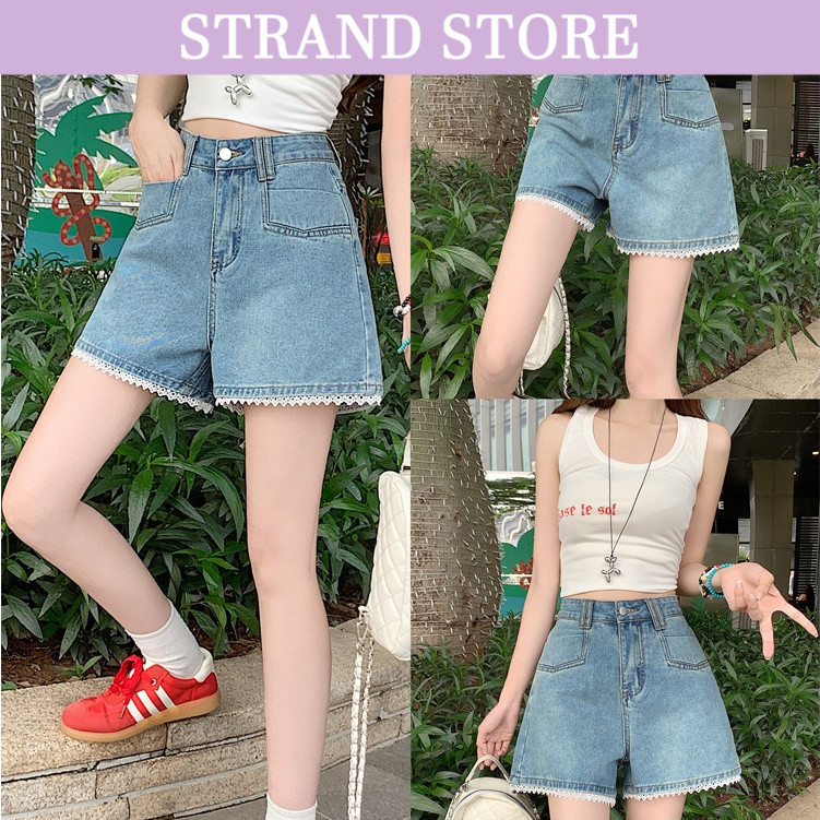 STRAND💜 กางเกงยีนส์สั้นสีน้ำเงินเข้ม ทรงA-lineเอวสูง แต่งลูกไม้ กางเกงฮอตขากว้าง X6628