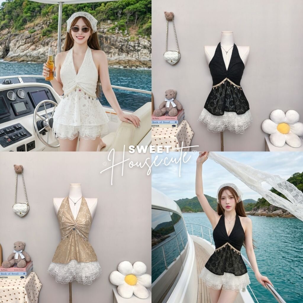 🧸 SweetHouse #711 🌻 เสื้อเกาะอกคล้องคอผ้าลูกไม้แต่งด้วยระบายเปลือกหอยสวยแซ่บรับซัมเมอร์ + กางเกงระบายลูกไม้ 4 ชั้น