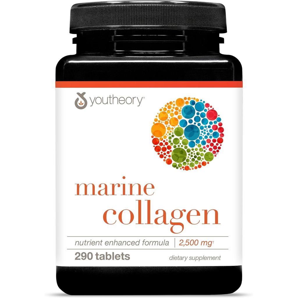 Youtheory Marine Collagen Tablets - 2,500 mg Fish-Sourced Collagen Peptides- พร้อมวิตามิน A, C, E, B