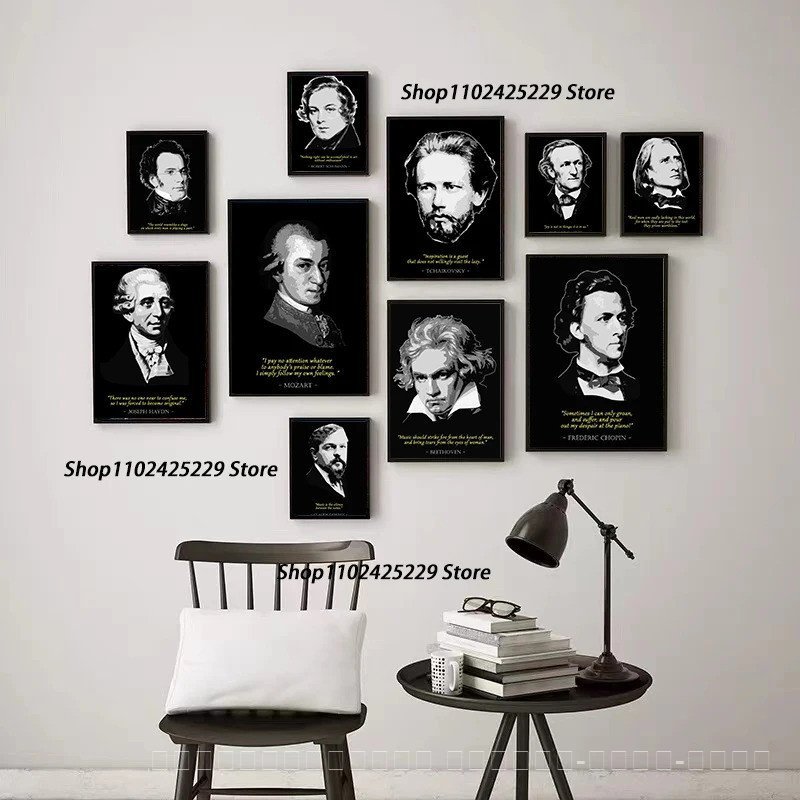 World ที่มีชื่อเสียง Pianists ภาพภาพโปสเตอร์ผ้าใบพิมพ์ Pianist คําคม Wall Decor Beethoven Chopin Mozart Pianist ตกแต่งผนัง