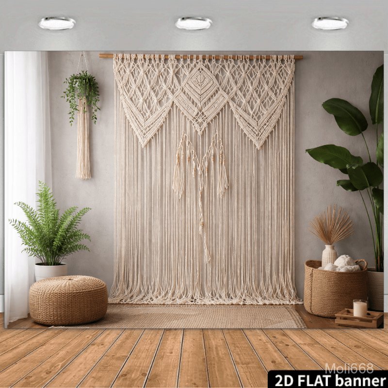 A 2D Plane Wave Bohemian Style Bedroom Backdrop Features a Bed in The Center Adorned with a Beige Kn