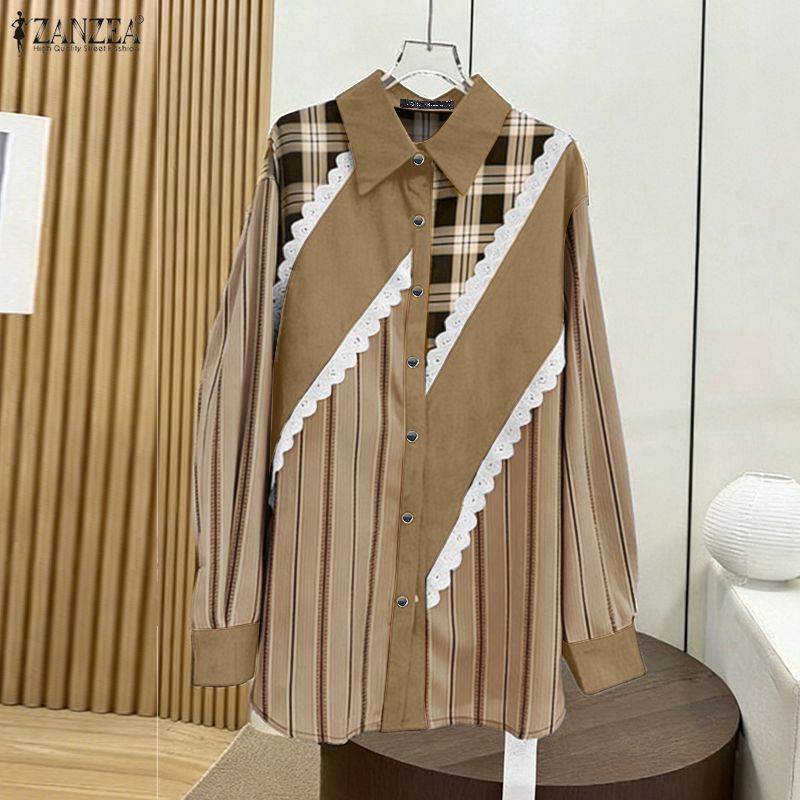 ZANZEA เสื้อแขนยาวสไตล์เกาหลี ดีไซน์ลายสก๊อตและลูกไม้ สไตล์หลวม ๆ — صورة 5