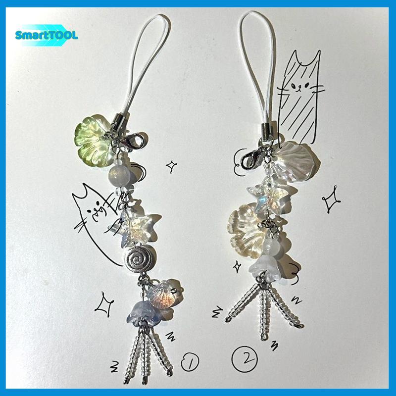UTZN> น่ารักโทรศัพท์ Charm สายคล้องฤดูร้อน Ocean สไตล์เปลือกหอย Jelly Fish จี้ Key สายคล้องสาวผู้หญิ