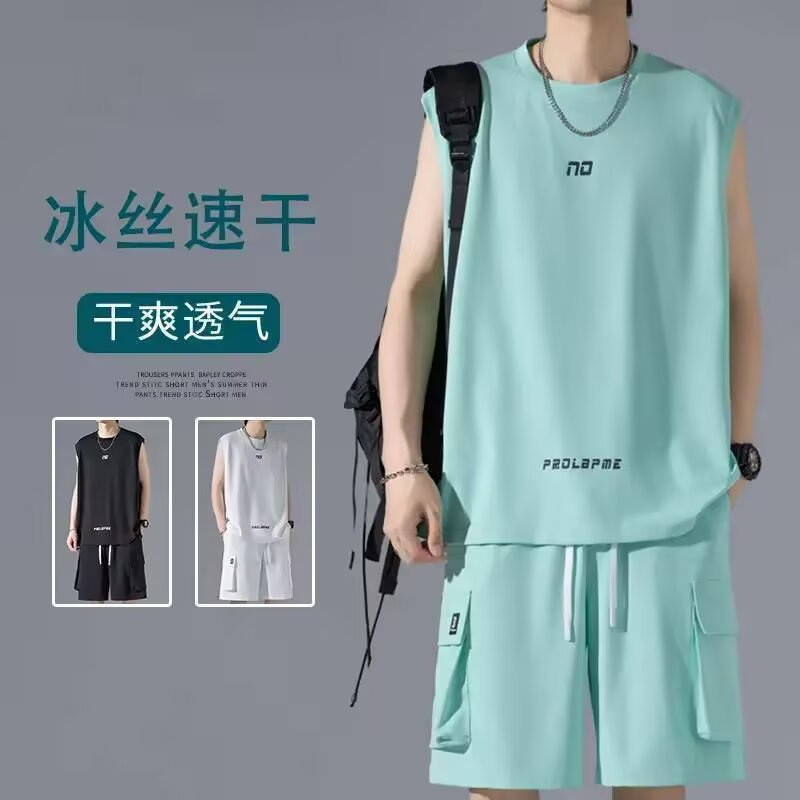 夏季男士时尚个韩系无袖运动套装男高级感青少年篮球服运动套装4.9Summer Men's Fashion Korean-style Sleeveless Sports Suit, High-end Y