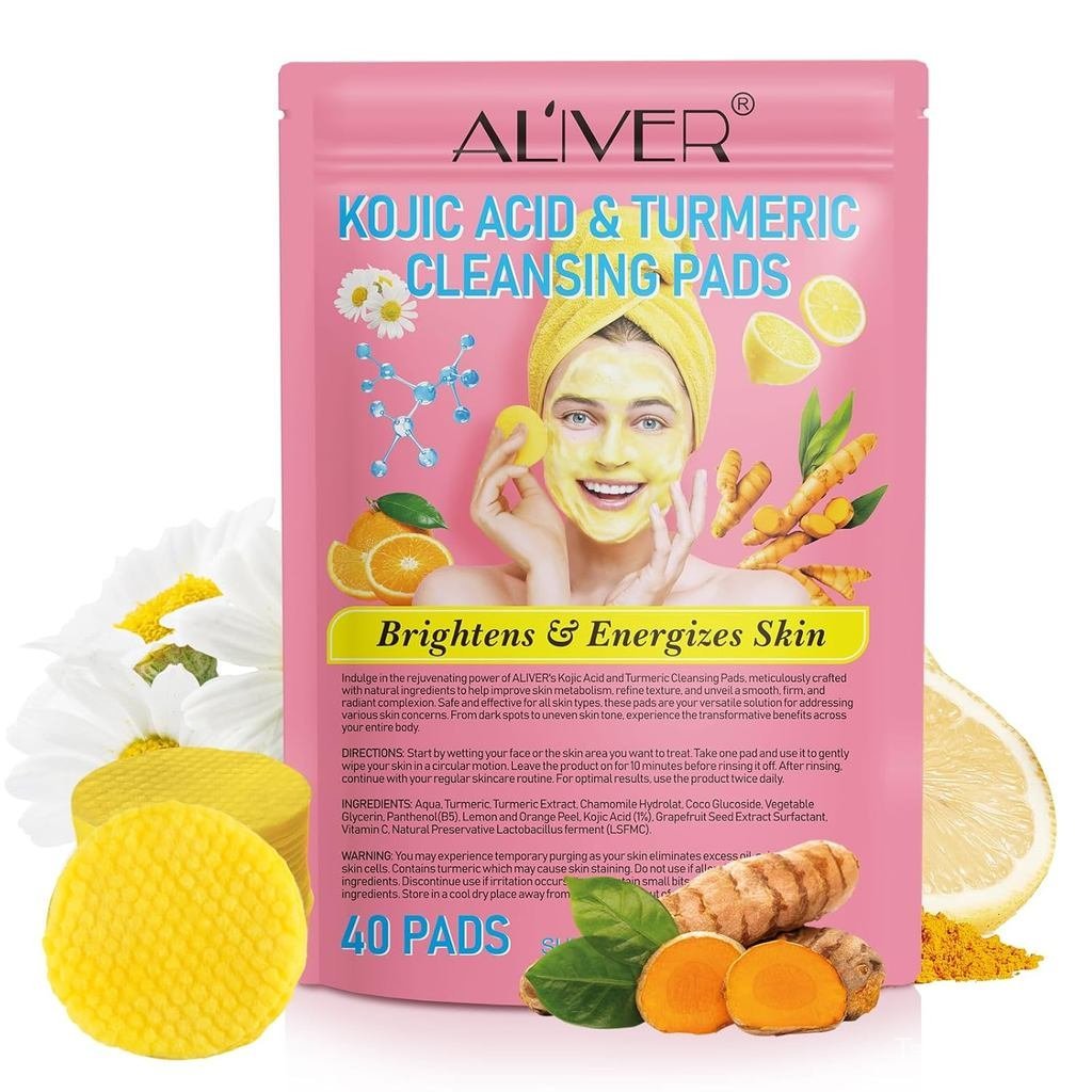 Turmeric Kojic Acid Cleansing Pads,Turmeric Cleansing Pads,40PCS,Kojic Acid Infused Foaming Exfoliat