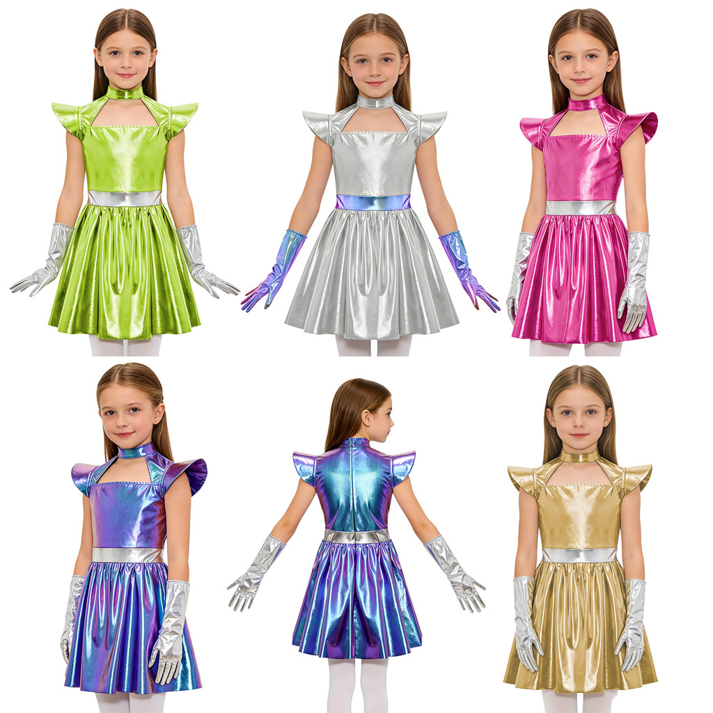 Yeahdor เด็กสาว Alien คอสเพลย์ชุดโลหะ Hollow Out Flying Sleeve กลับที่มองไม่เห็นซิป Ruffled ชุด 1 คู่ถุงมือหุ่นยนต์ชุด