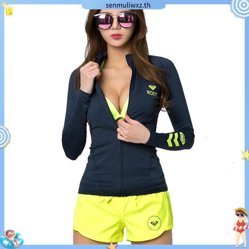 ROXY ร็อกซี่ ชุดดําน้ําผู้หญิงแขนยาวแยกสลิมฟิตเสื้อผ้าแห้งเร็วท่องครีมกันแดดน้ําเล่นสกีดําน้ําดูปะการังดําน้ําผิวว่ายน้ํา