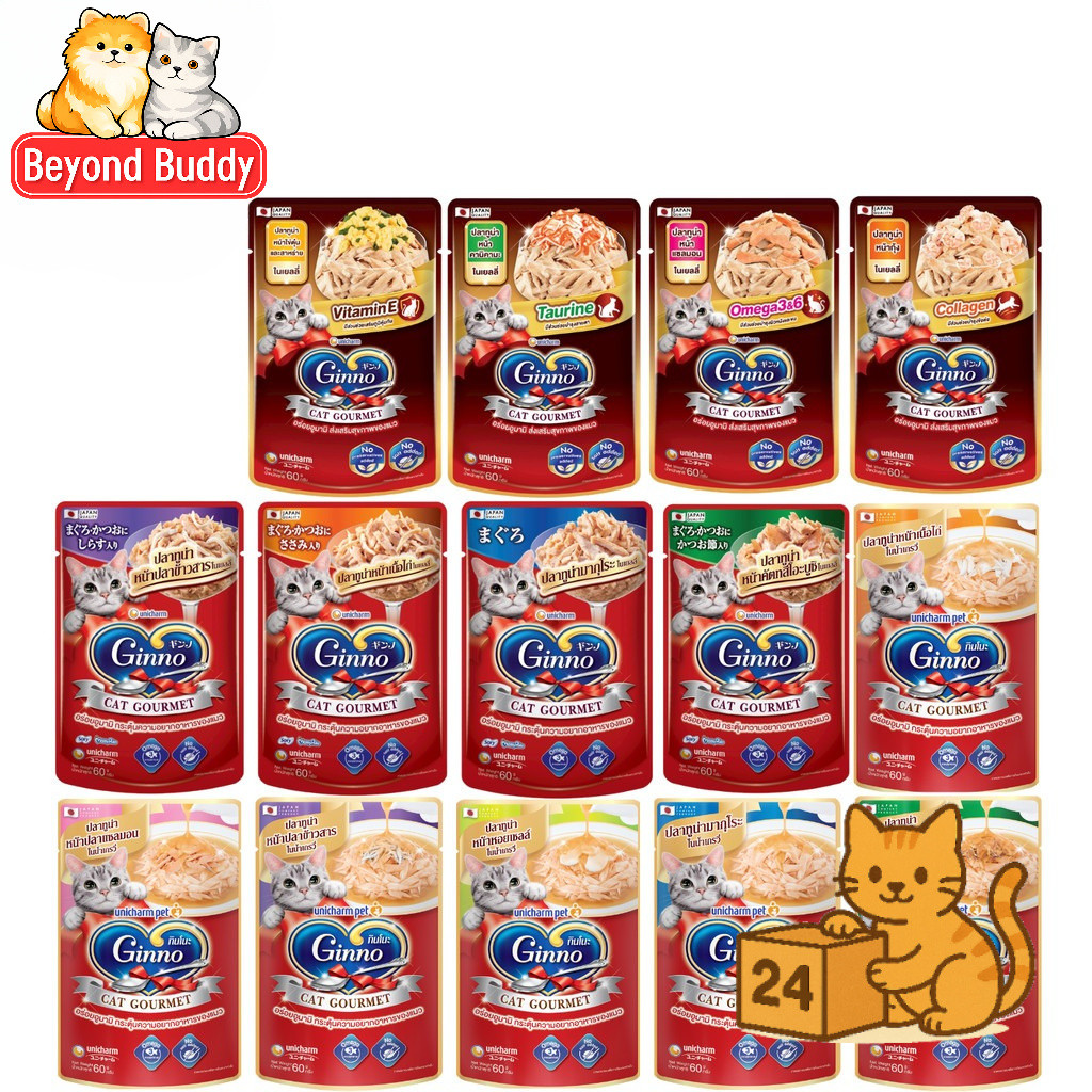( ครึ่งลัง 24 ซอง ) Ginno Premium Wet Cat Food กินโนะ อาหารเปียกแมว ไม่เติมเกลือ เปียกแมว ขนาด 60g