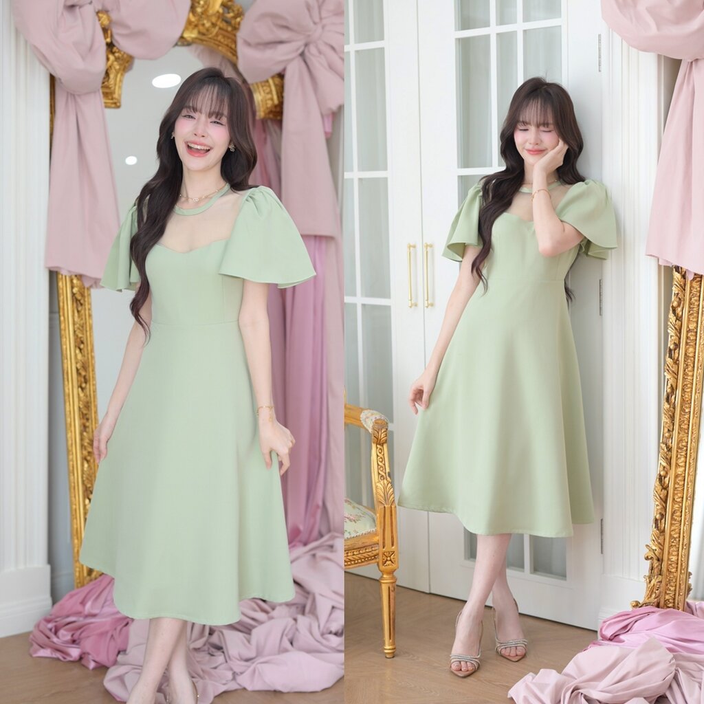 Starry Soul Midi Dress : สีเขียวมัทฉะ
