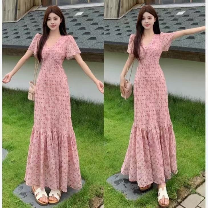สีชมพู Tie-Dye V คอ Polka Dot ชุดผู้หญิงแคบ-เอว Slimmer ดู Super Fairy Fishtail กระโปรงยาวสีชมพู Tie