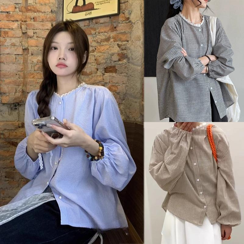 PoPpy#เสื้อแขนยาวลายทางสำหรับผู้หญิง สไตล์เกาหลี คอทรงกลม แขนทรงโคมไฟ ทรงหลวม สวมใส่ได้หลากหลายโอกาส#W531