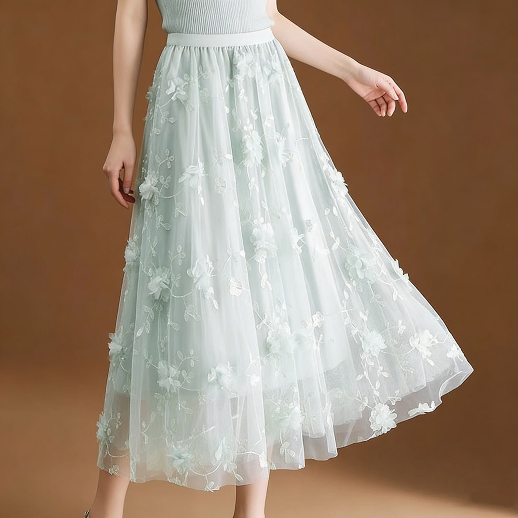 Qooth ปัก Tulle Midi กระโปรงเอวสูง A-Line Fairy กระโปรงคุณภาพสูง QT2125