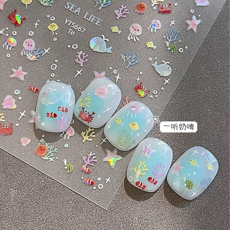 贝壳光夏天海洋水母海底小动物美甲贴纸可爱卡通diy指甲相机装饰Cute and sweet nail stickers, children's nail stickers, baby nail sti