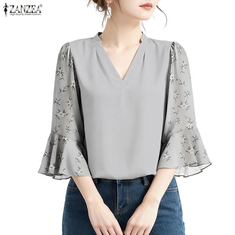 ZANZEA เสื้อหลวมแขนบานพิมพ์ลายดอกไม้สไตล์เกาหลีสำหรับผู้หญิง มีความหรูหราและทันสมัยในดีไซน์ V คอ 3/4