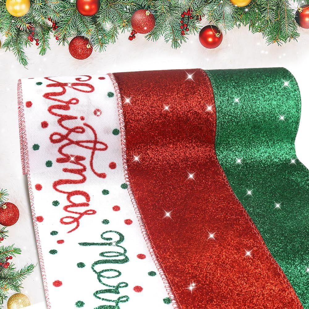 Hying 3 ม้วน Merry Christmas Ribbons สําหรับพวงหรีด Bows Crafting, Xmas แบบมีสายขอบริบบิ้น Glitter ส