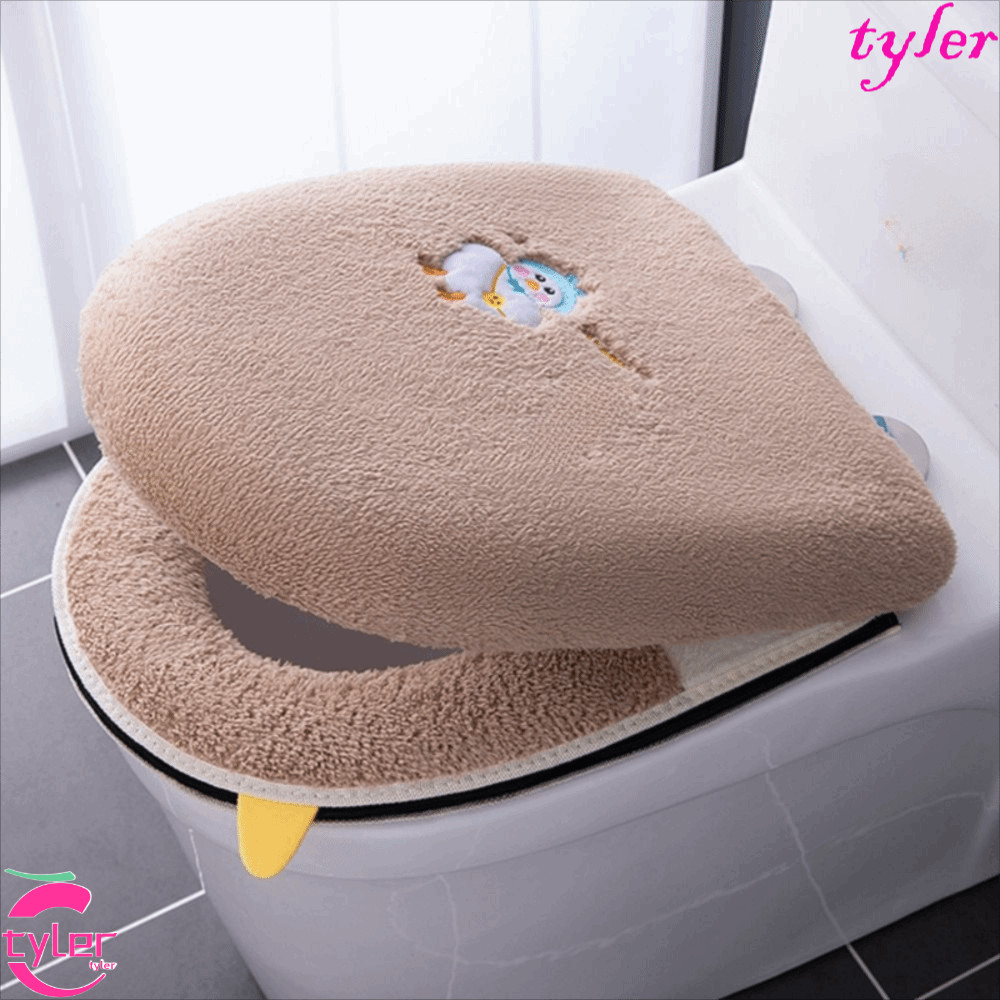 TYLER 2 ชิ้น/เซ็ตฝาครอบที่นั่งชักโครก,การ์ตูนปัก Plush Closestool ฝาครอบ,กันฝุ่นอุ่นซิป Protector นุ่มเสื่อห้องน้ํา