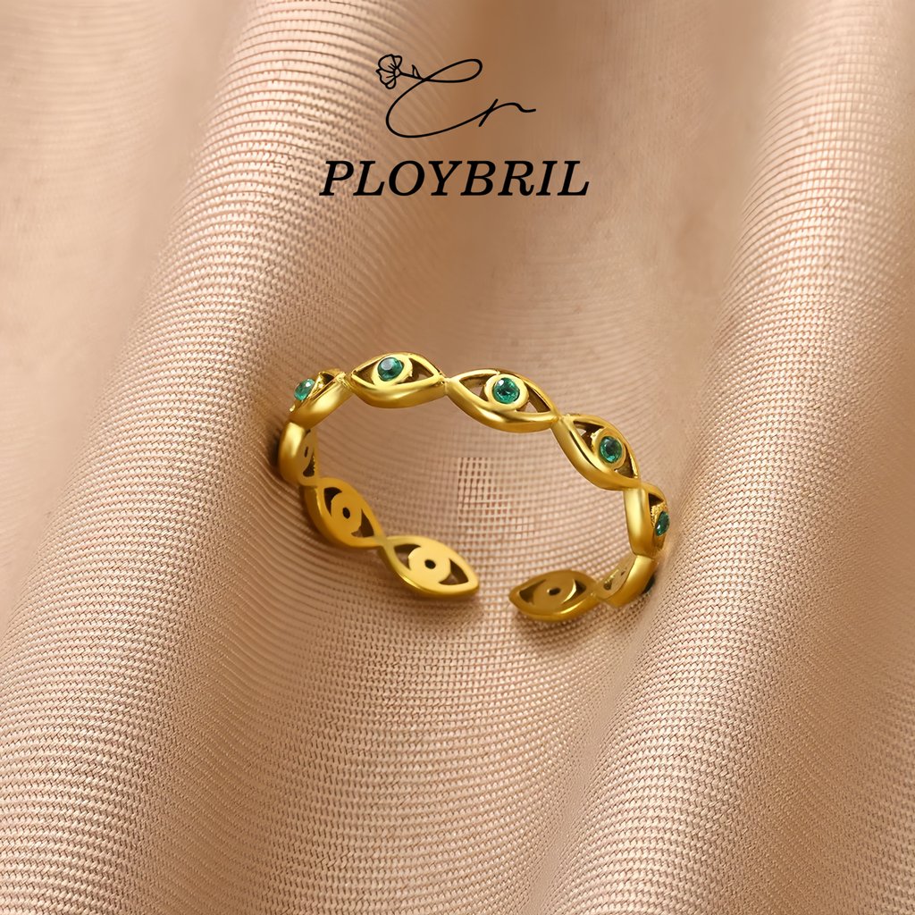 PLOYBRIL แหวนตาปิศาจเคลือบทองคำ 18K ฝังหินซิทรอน สำหรับหญิง ไม่อักเสบ สีไม่ตก J010