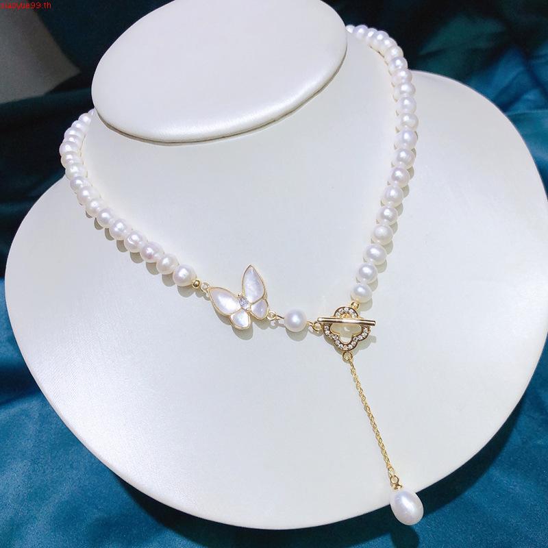 6-7 มม. สร้อยคอมุกน้ําจืดธรรมชาติวินเทจผีเสื้อโคลเวอร์สี่ใบOTหัวเข็มขัดโซ่กระดูกไหปลาร้า