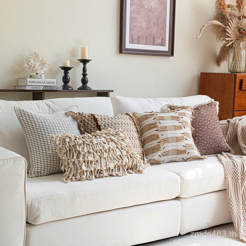 หมอน B & B ins สไตล์เบาะสีคาราเมลแอปริคอทโซฟาห้องนั่งเล่นหมอนเตียงสไตล์ใหม่พู่นุ่มแพ็ค 2023 5OTF