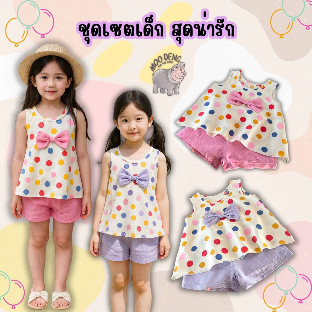 Modeng Baby ชุดเซต เสื้อแขนกุด กางเกงขาสั้น ลายจุด สีชมพู สีม่วง โบว์ น่ารัก สำหรับเด็กหญิง