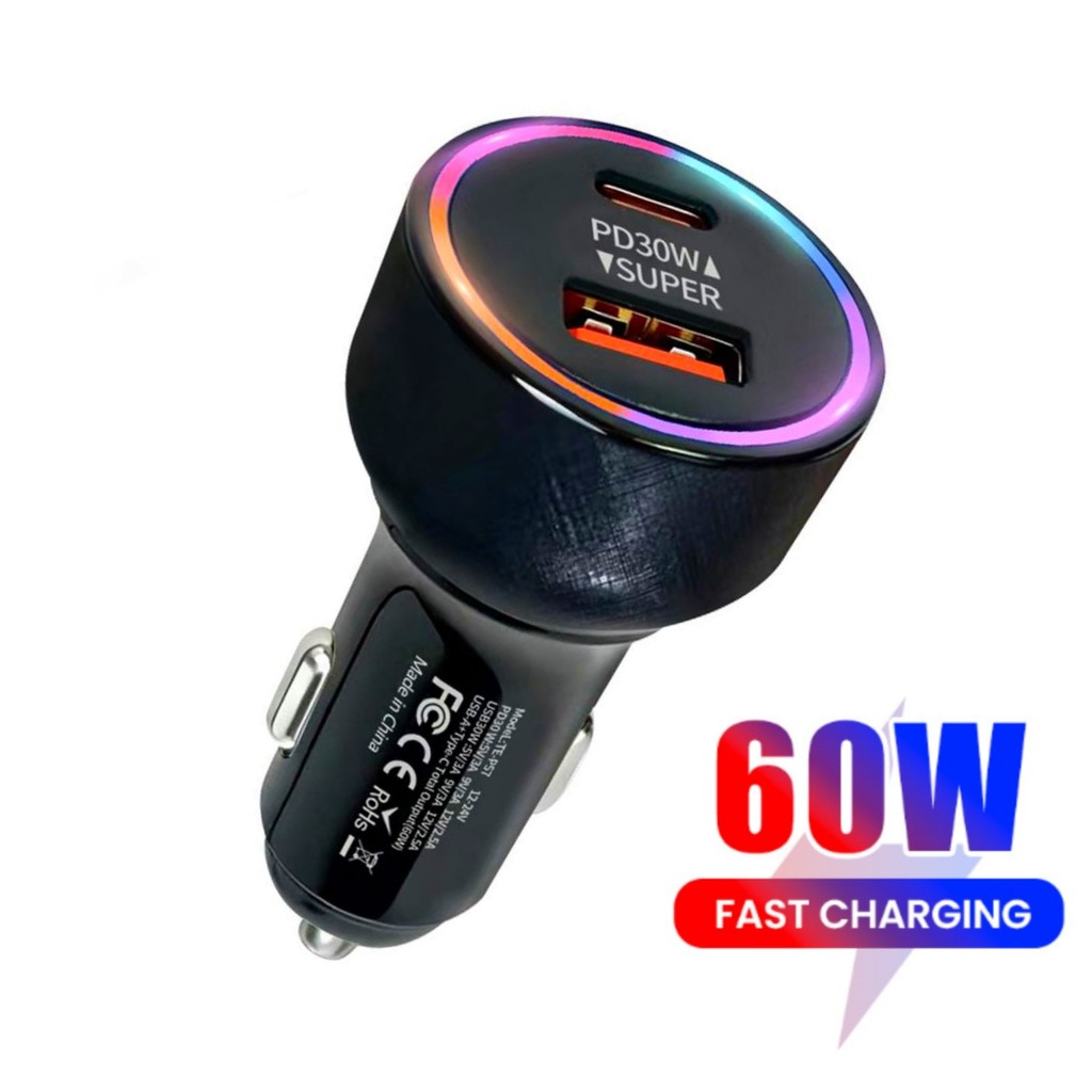 60W 2 พอร์ตรถ Super Fast Charger QC3.0 + PD30W สําหรับ HUAWEI/Samsung/Xiaomi/Vivo Fast Charging อะแด