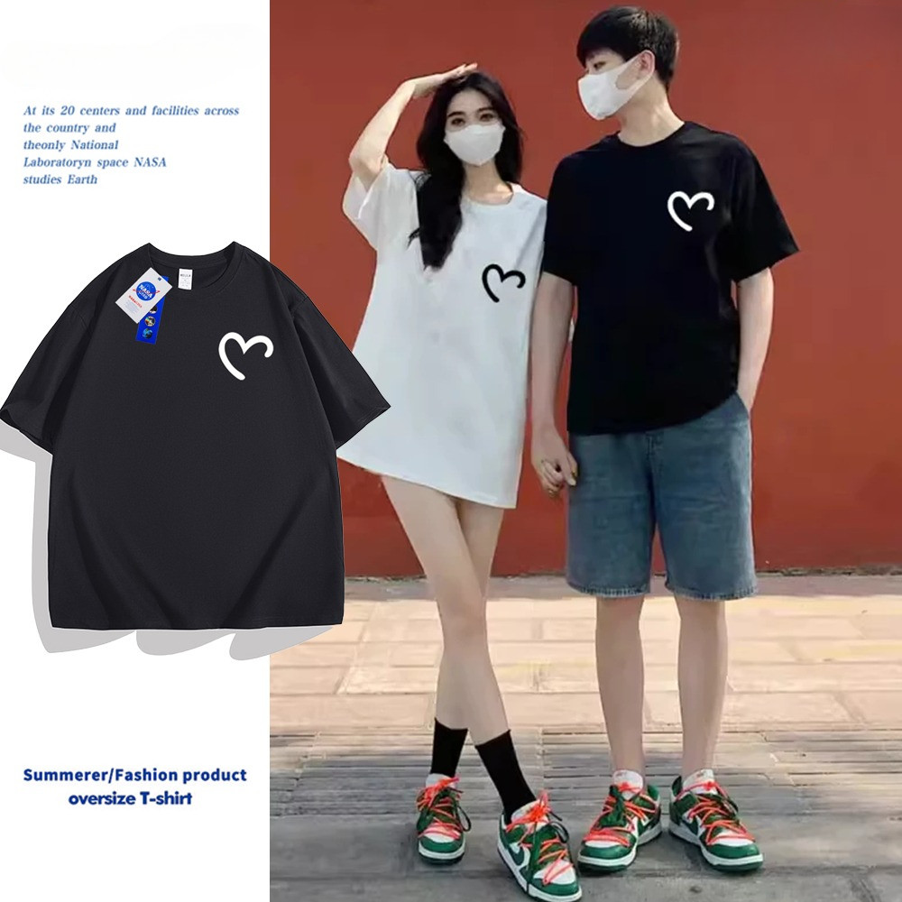 เสื้อยืดหญิงชาย สไตล์มินิมอล เสื้อ summer2025 รูปหัวใจพิมพ์ลาย ผ้าฝ้ายแท้ ทรงหลวม เสื้อยืดคอกลม 12.25