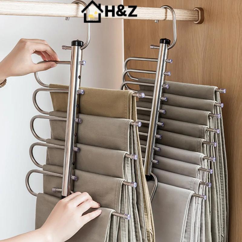 H & Z พับ Magic กางเกงแขวน 5/9 ชั้นสแตนเลสประหยัดพื้นที่เสื้อผ้า Rack Organizer สําหรับตู้เสื้อผ้ากา