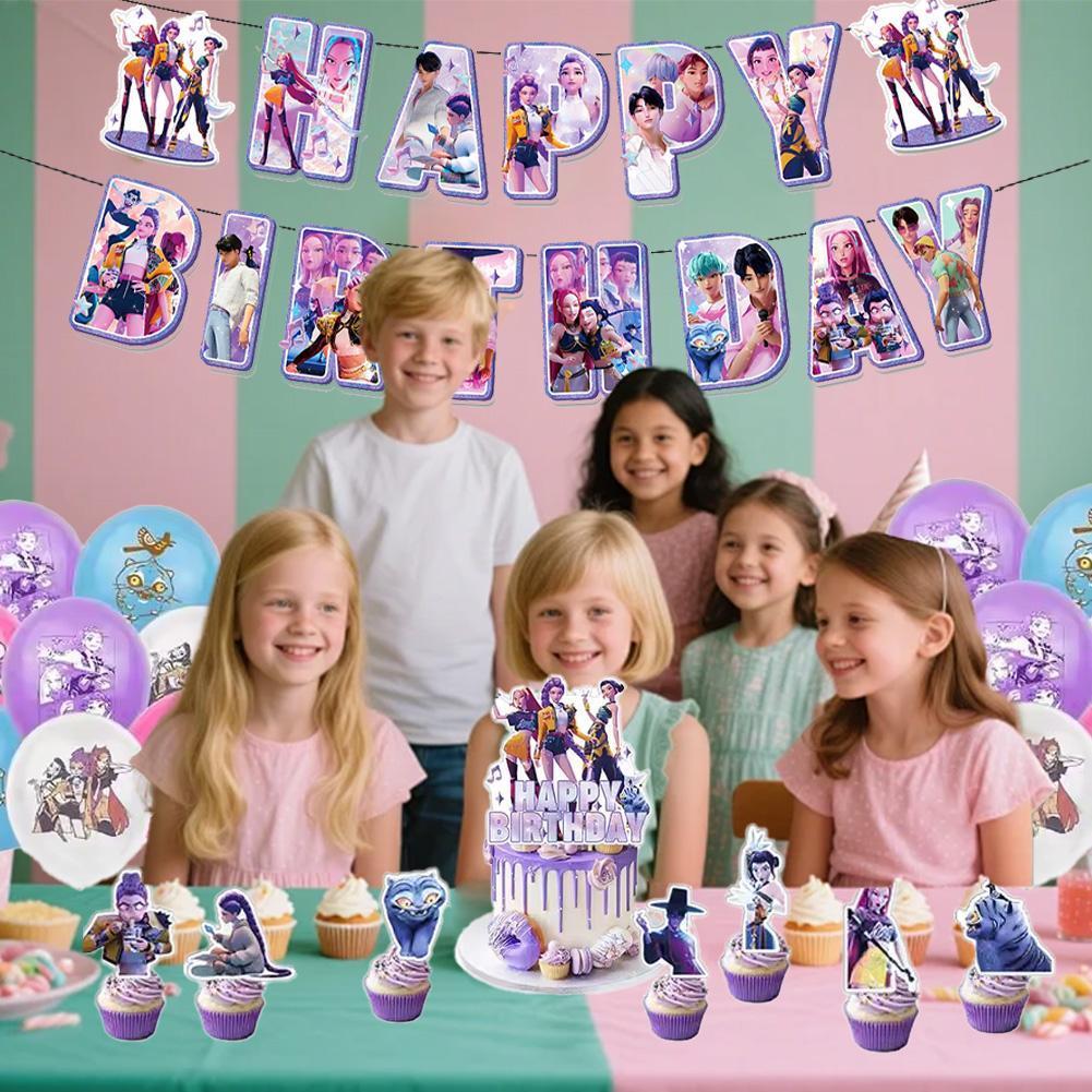 Kpop Demon Hunter สาวกลุ่มวันเกิด Theme Party ตกแต่งเค้กแบนเนอร์ชุด Topper อุปกรณ์ Y6r5