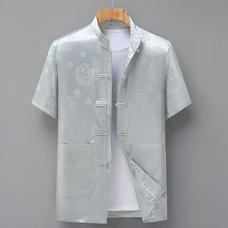 เสื้อแขนสั้นผ้าไหมน้ำแข็งสำหรับผู้ชาย แบบบางหลวม สไตล์จีน เห…