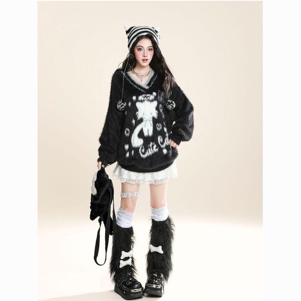 ฤดูใบไม้ร่วงฤดูหนาวหญิง Angel y2k ลูกแมวเสื้อถักขนแกะเสื้อกันหนาว Uniti Top Mink Soft Waxy หลวมขี้เก