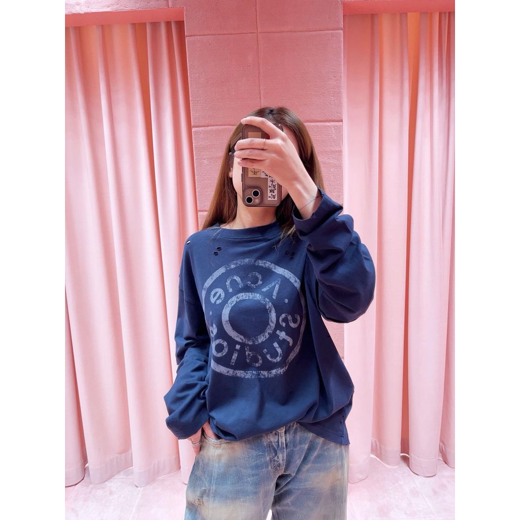 NG4G AC Button Micro Label Printed Fake Two-Piece Long Sleeve T T-shirt with distressed holes