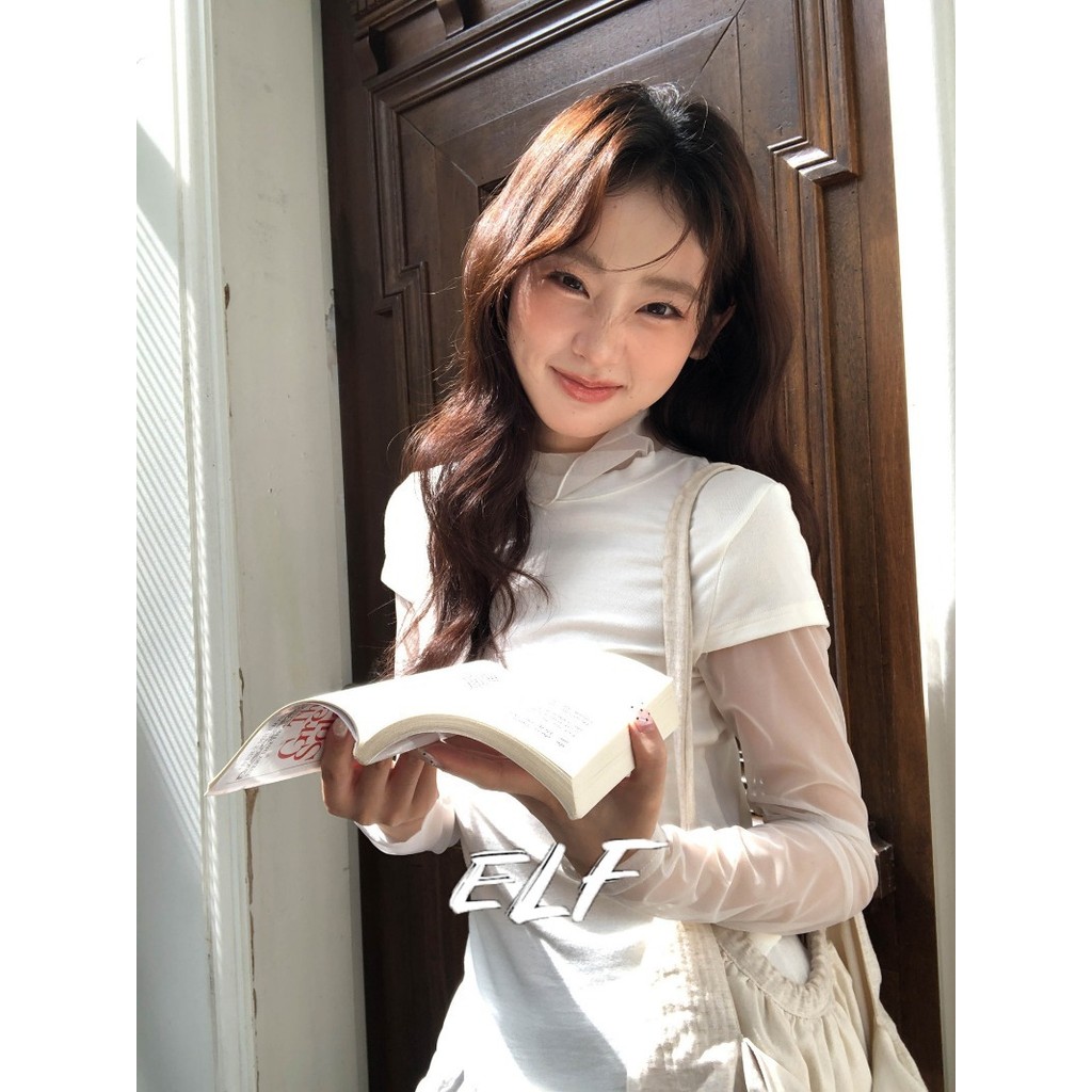 เสื้อยืดแขนยาวลูกไม้เย็บปะติดปะต่อ สำหรับฤดูใบไม้ร่วงและฤดูหนาว ออกแบบมาพร้อมคอดำเนินสูง