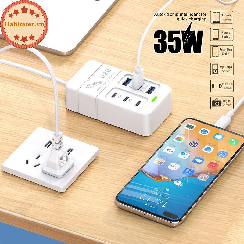 TATER EU UK Plug 6 พอร์ต 35W Charger USB PD Desktop Power Charger Adapter สําหรับ Home Office School