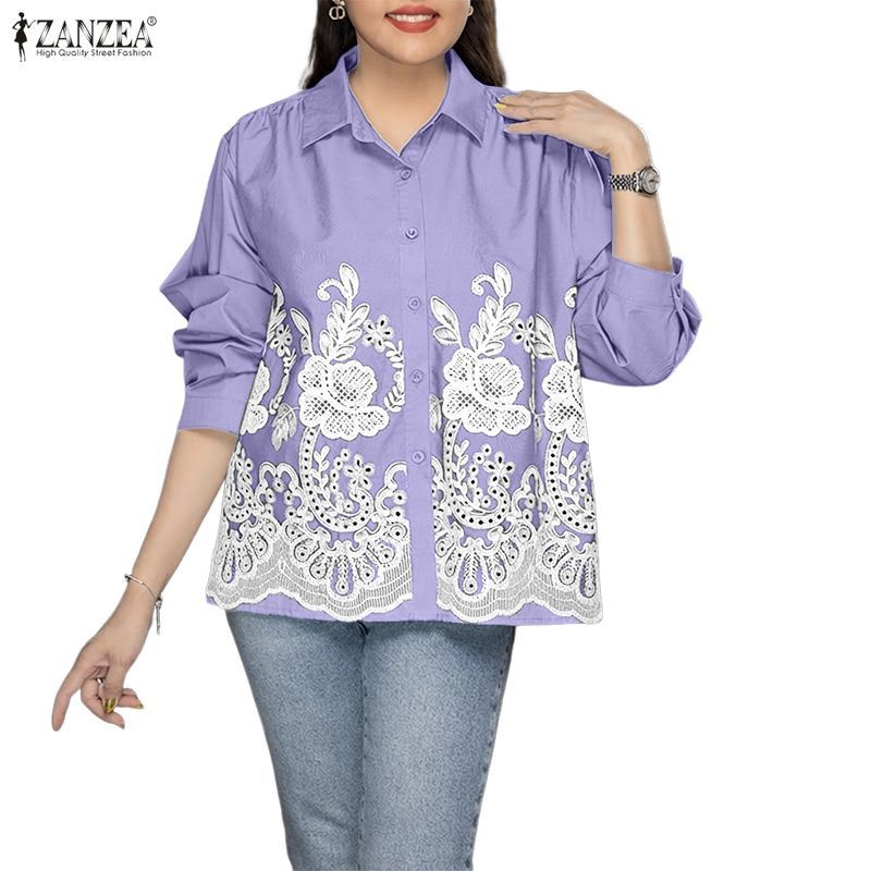 ZANZEA เสื้อแขนยาวพิมพ์ลายสีทึบ สไตล์เกาหลีสำหรับผู้หญิง สวมใส่ง่ายในวันสบายๆ