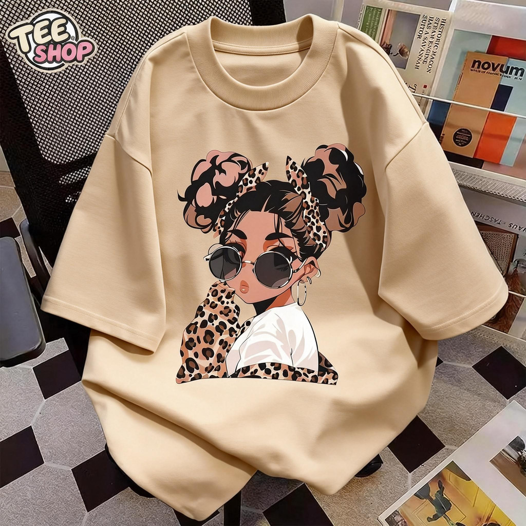 TEE·SHOP🍀เสื้อยืด oversize เสื้อเท่ๆ เกาหลี ลาย "GIRL leopard print" ใส่ได้ทั้งชายและหญิง ผ้านิ่มใส่สบาย COD📦