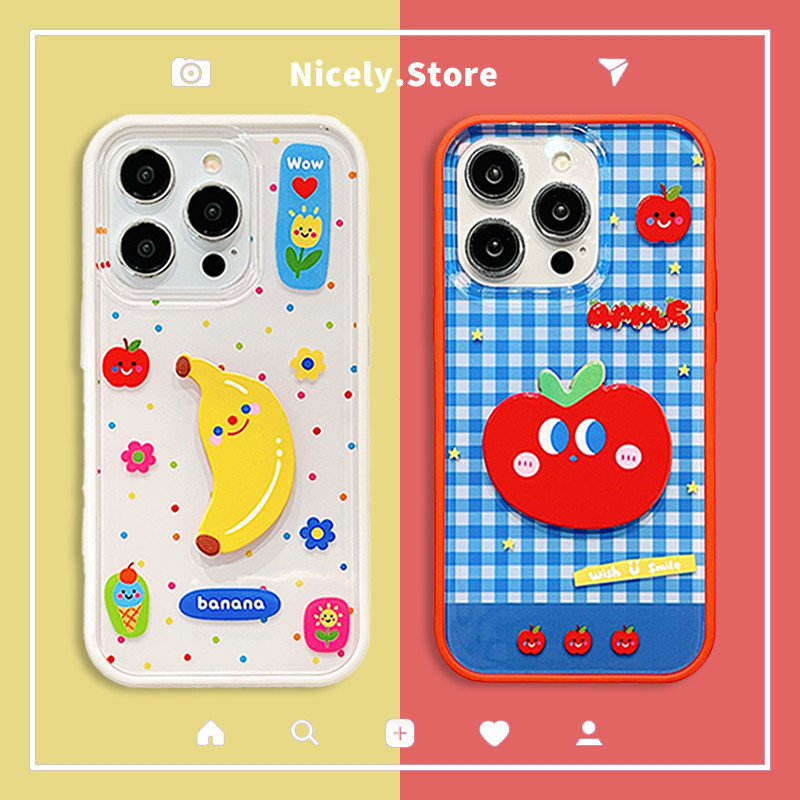 2 in 1 การ์ตูน 3D Apple Banana เคสโทรศัพท์อะคริลิคใช้งานร่วมกับ iPhone 16 15 14 13 Pro Max 14ProMax 