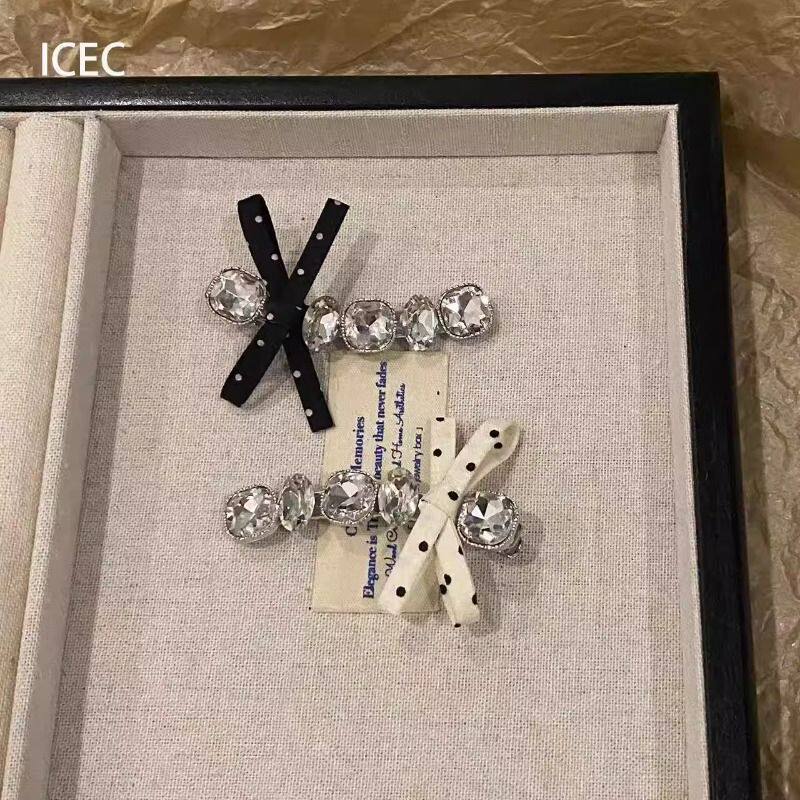 เวอร์ชั่นเกาหลีสไตล์ใหม่สีดําสีขาวลายจุดโบว์ พลอยเทียม กิ๊บติดผมแฟชั่นหวานเรียบคลิปคลิปด้านข้าง