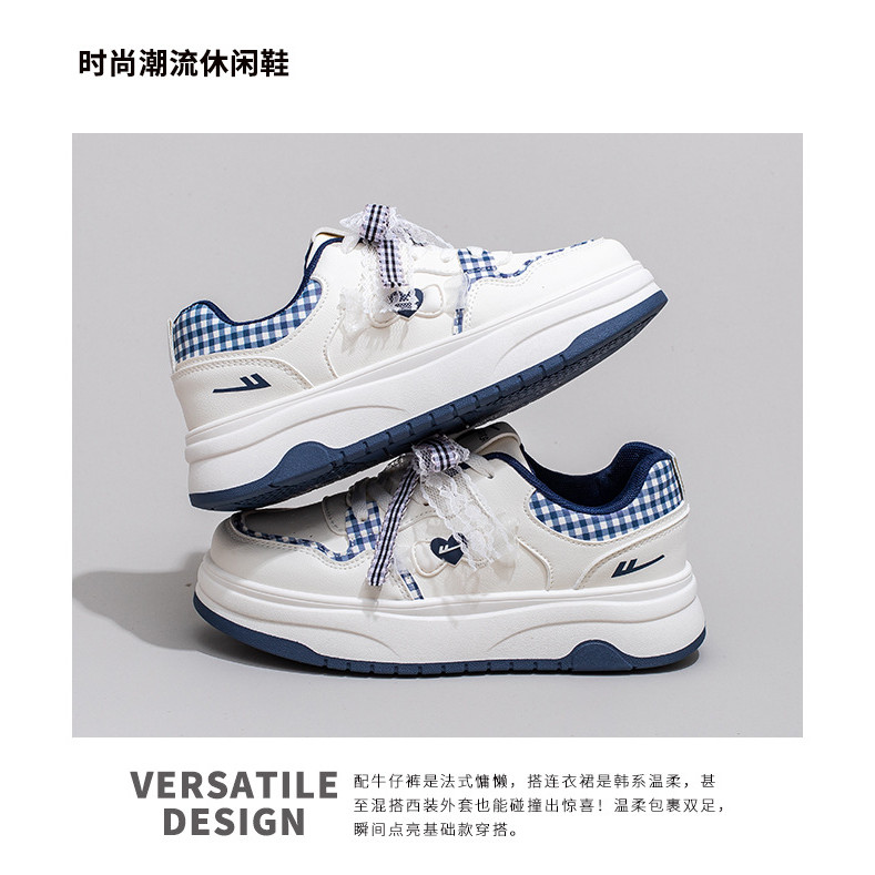 [Yueji Clothing Store] All-Match Fashion Bow Thick-Soled Platform Shoes Low-Top Lace-Up Checked High