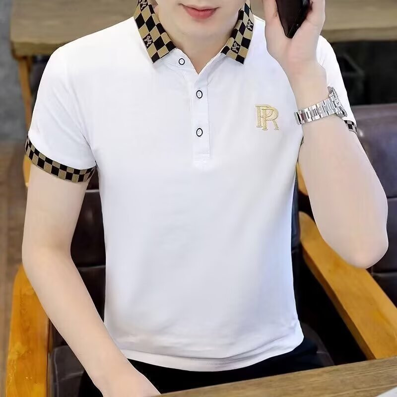 PAUL FITZGERALD เสื้อโปโลผู้ชาย ลายสก๊อตแขนสั้น พิมพ์ตัวอักษร สำหรับฤดูร้อน