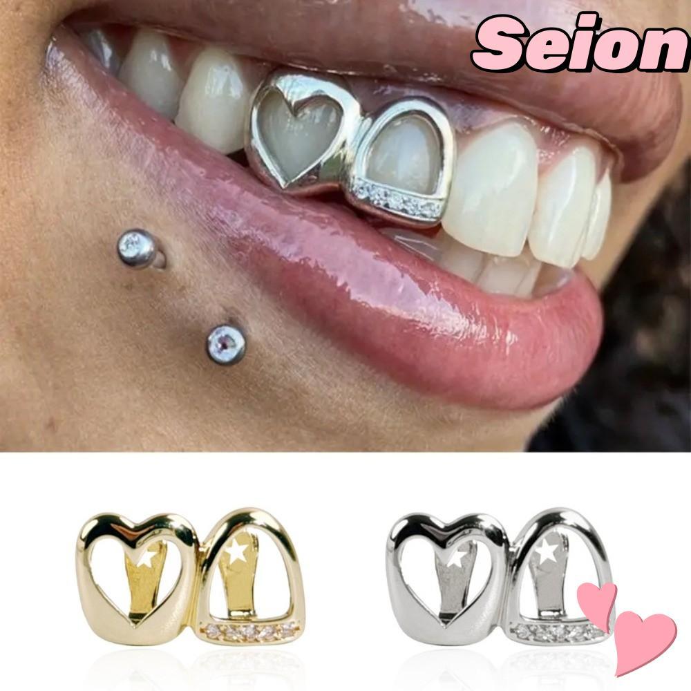 SEION Hip Hop Tooth Grillz ทำจากทองแดงทรงหัวใจโปร่งและติดเพชรซิทรินสองหัวใจส่องแสง มิกซ์แอนด์แมทช์ได