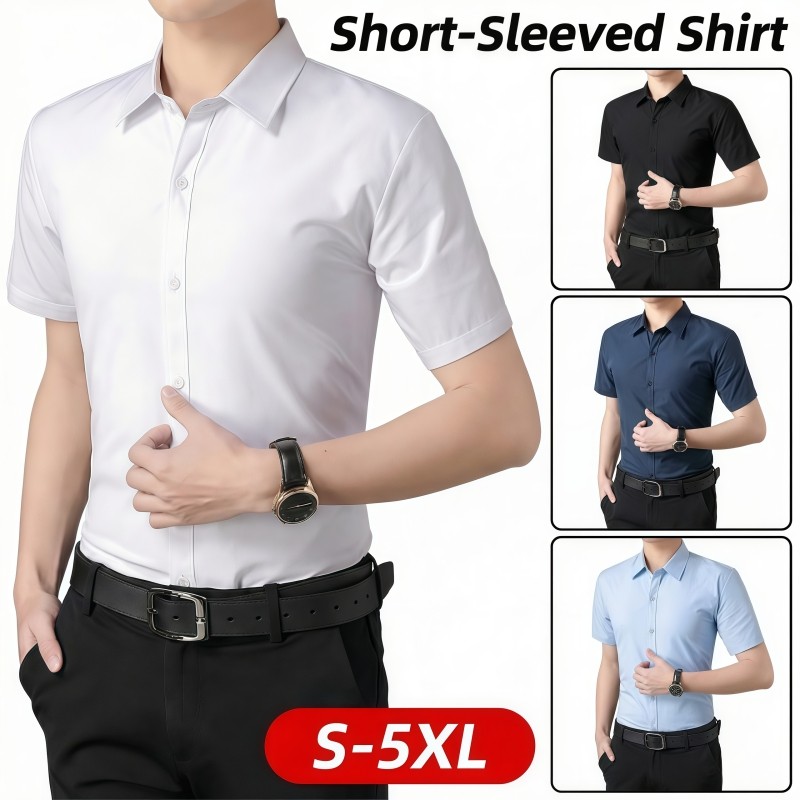 เสื้อเชิ้ตแขนสั้นผู้ชายธุรกิจเสื้อลําลองทรงสลิมฟิต S-5XL Kemeja Baju Lelaki